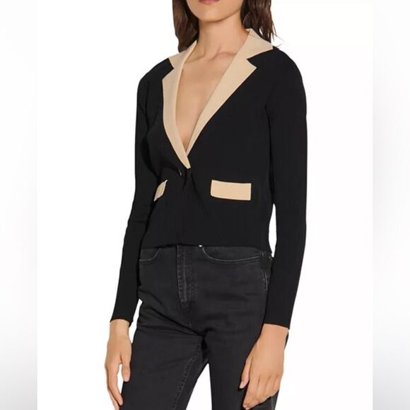 Sandro Barney Contrast Trimmed Black Cardigan Crop Size S - Picture 5 of 11